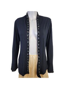 Vintage 80s Beaded Sequin Cardigan Women Small Black Sweater Shirt Jacket Top 6